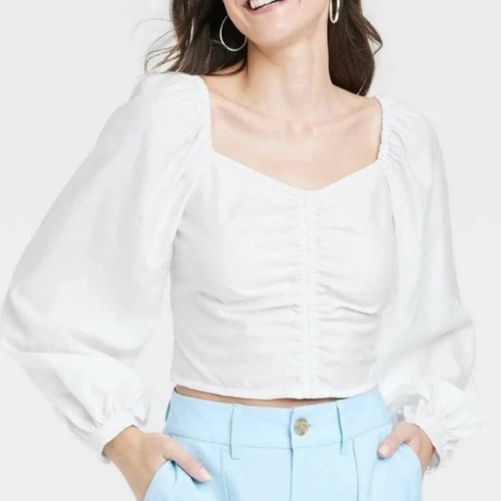 A New Day White Ruched Puff Sleeve Blouse